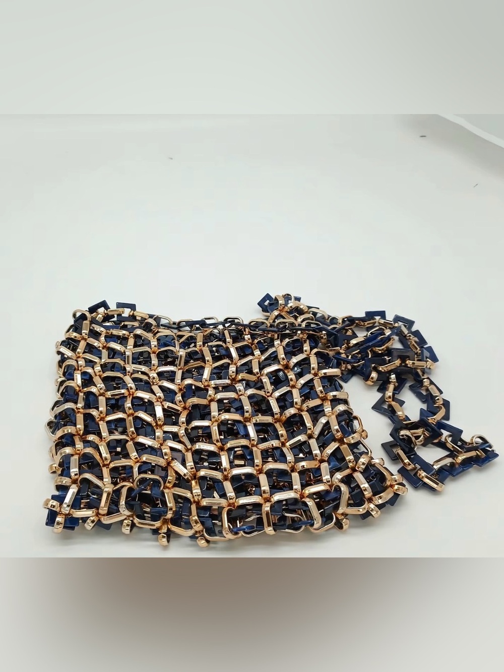 Navy Blue Gold Woven Chain Statement Shoulder Bag Purse
